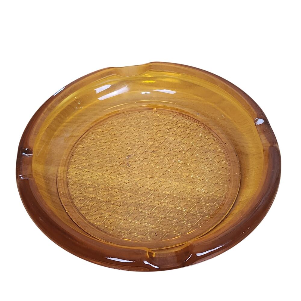 Vintage Amber Brown Glass Ashtray MCM Round 8" Diamond Pressed Pattern